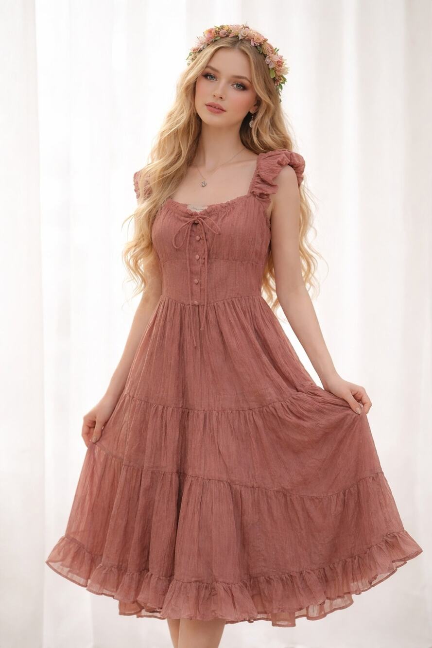 Pink Midi Dress Size M Fairycore Cottagecore Ruffle Dainty Coquette Princess
